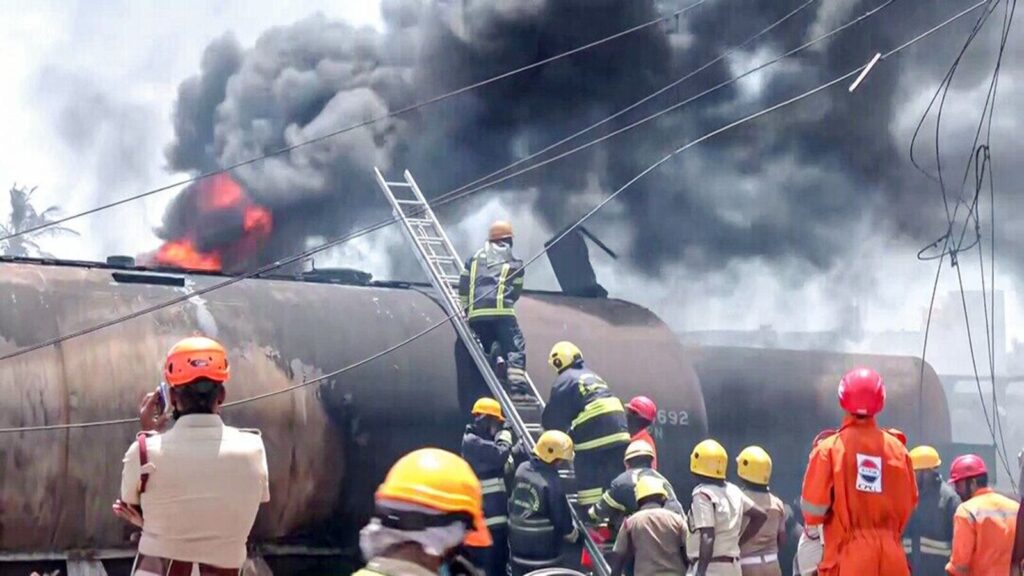 Train services affected as goods train ferrying oil catches fire at Tiruvallur in Tamil Nadu
