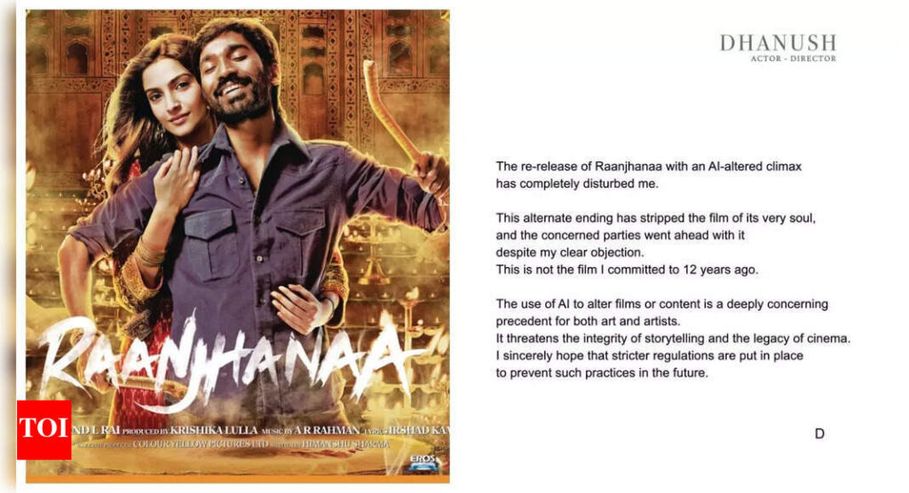 Dhanush condemns AI-altered ‘Raanjhanaa’ ending; claims ‘concerned parties went ahead despite my clear objection’ |