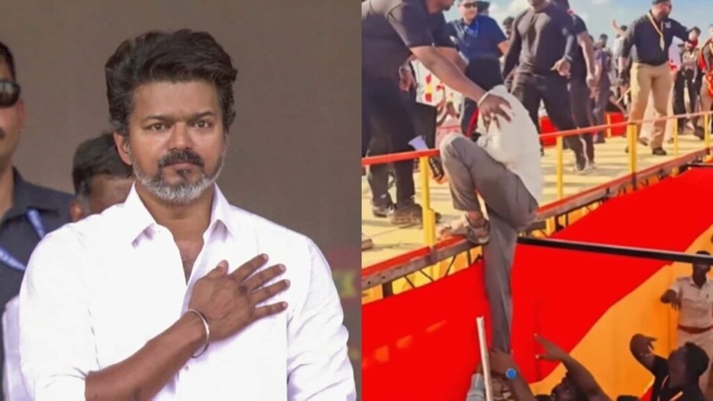 Vijay's fan dangerously hangs off railing to hand him book at maanaadu; watch how he reacted