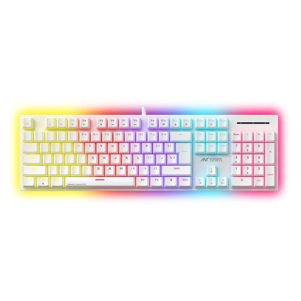 Ant Esports MK3400 Pro V3 Mechanical RGB Gaming Keyboard, 104 Keys-Red Switch, Multicolour Backlit, Anti-Ghosting, USB Wired, Media Keys, 12 LED Modes, for PC, Mac, Windows, Linux – White