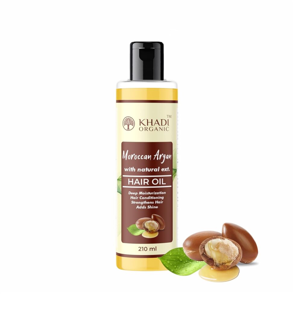 Khadi Organic Moroccan Argan Hair Oil 210ml with Argan, Jojoba, Rosemary & Castor Oil to Strengthen Dull & Dry Hair | Paraben & Sulphate Free | Vegan (Moroccon Argan)