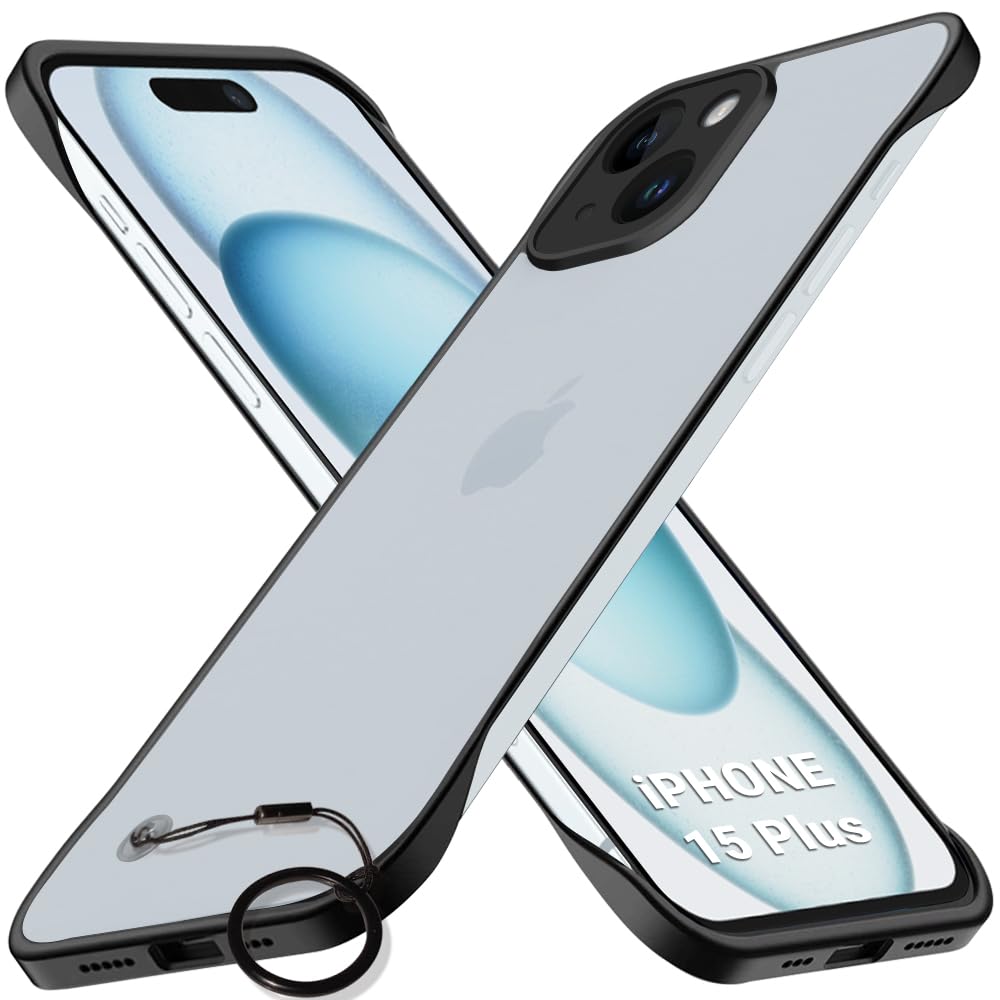 TheGiftKart Hybrid Ultimate Slim Back Case Cover for iPhone 15 Plus | Camera & Screen Protection | Frosted Matte Translucent Hard Back Case Cover for iPhone 15 Plus (PC & TPU, Black Bumper)