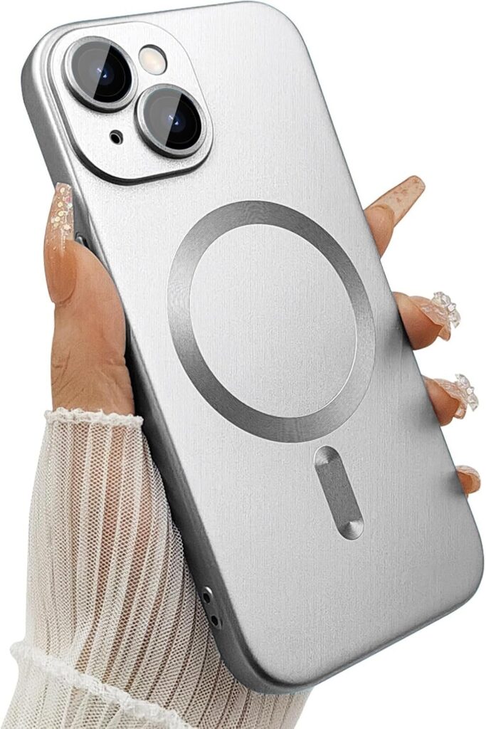 DIZORO Magnetic Case for iPhone 15 Plus Case [Compatible with MagSafe][Built-in Camera Lens Protector] Slim Soft Silicone Bumper Shockproof Metallic Luster Back Cover Phone Case (White)