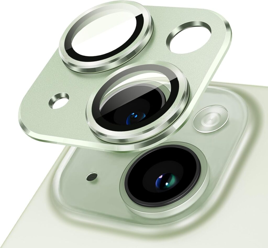 KEKOZE Camera Lens Protector Compatible With iPhone 15 and iPhone 15 Plus � Full Coverage 9H Tempered Glass with Metal Plate, HD Clear, Joint Camera Ring Protector - Light Green