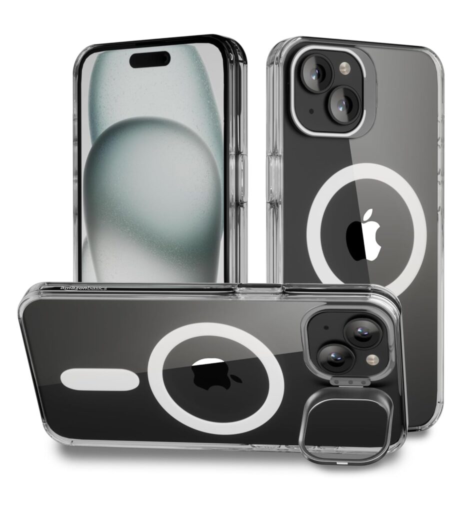 amazon basics iPhone 15 Plus Case, Compatible with MagSafe, Military-Grade Protective Case, Built-in Stash Stand Phone Case, Scratch-Resistant TPU Back Cover, Classic Series, Clear