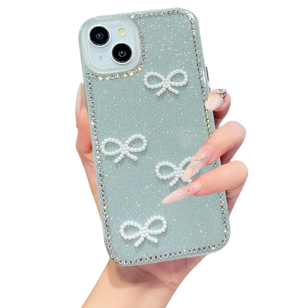 DIZORO Compatible for iPhone 15 Plus Cover 6.7, Luxury Diamond Cute with Bow Glitter Bling Case with Full Camera Protection Shockproof PC+TPU Glossy Shiny Back Cover Case for Girls Women (Pine Green)