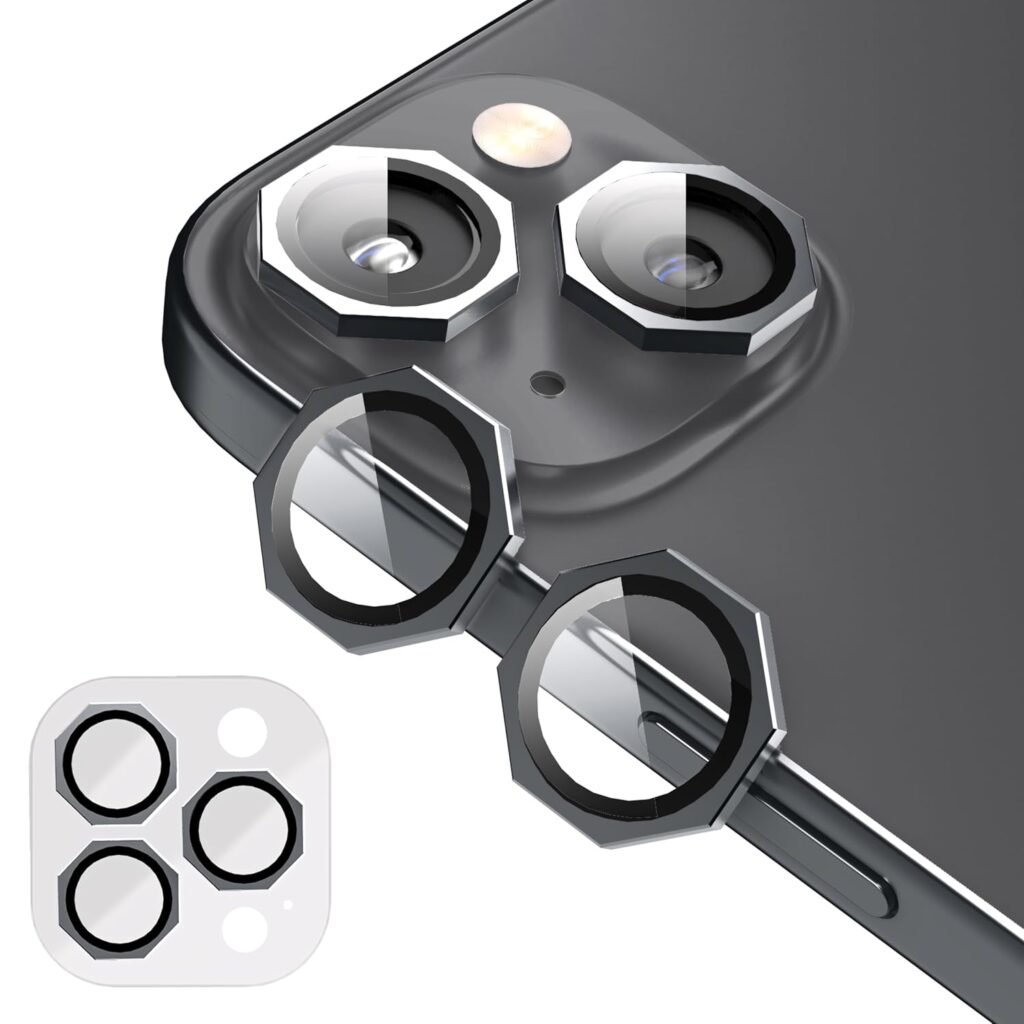 GadgetBite Snaptra Octagon Lens Protector Compatible With iPhone 15 & iPhone 15 Plus – 9H Tempered Glass Camera Cover with Metal Ring, Scratch-Resistant,Camera Lens Protection - Black