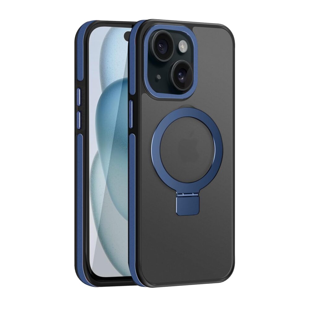 amazon basics Grip Case for iPhone 15 Plus | Horizontal and Vertical Metal Rotating Stand Included (Blue)