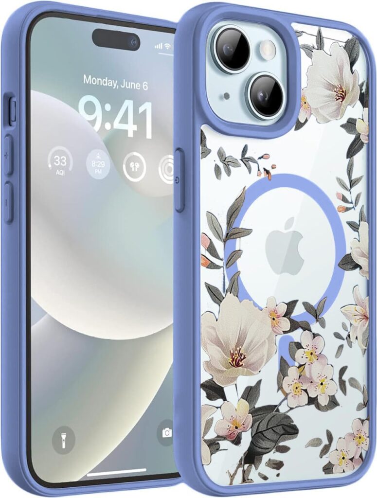 VONZEE Compatible with iPhone 15 Plus Case Luxury Retro Flowers Floral Clear for Magnetic Wireless Charging Case Shockproof PC+TPU Cute Glossy Shiny Cover for Girls Women, 6.7'' Official Blue