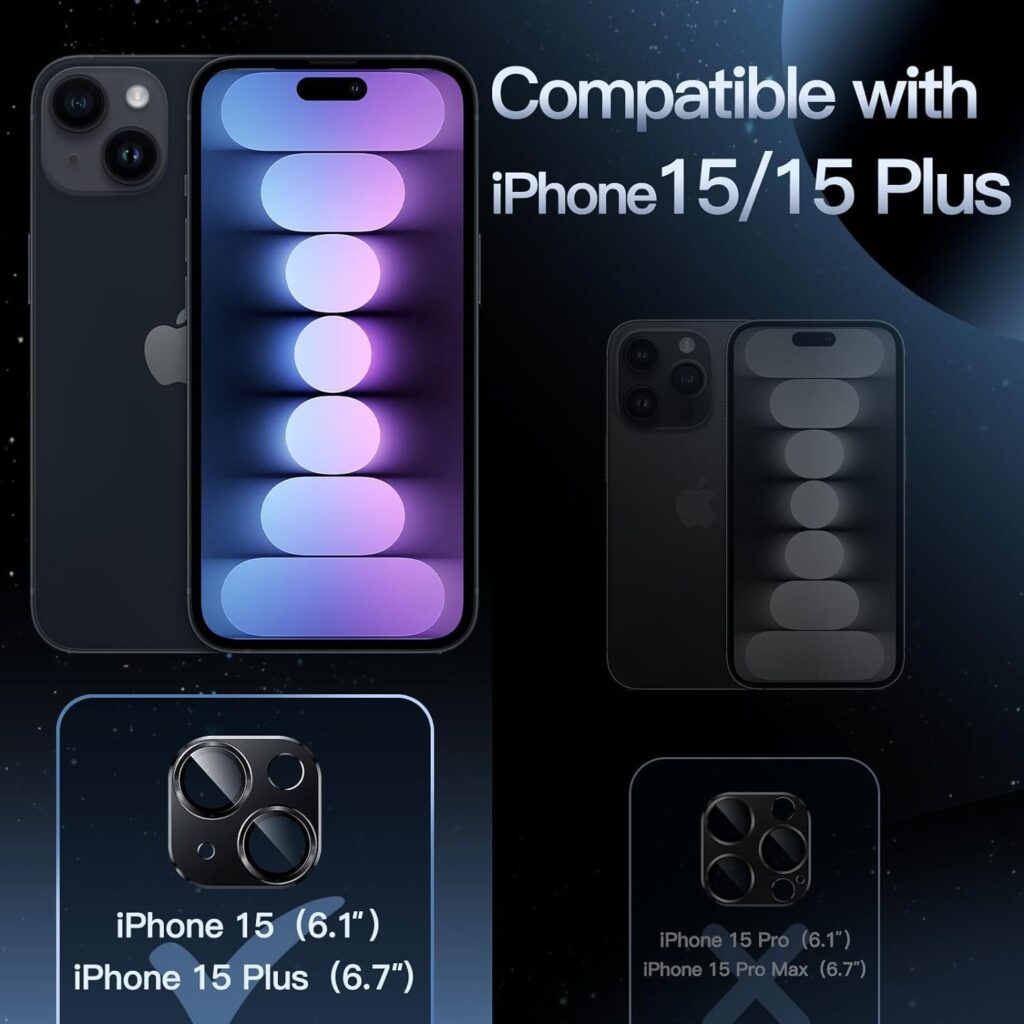 CASENED Camera Lens Protector for iPhone 15 / iPhone 15 Plus - Alloy Metal Cover with Tempered Glass Screen Protector - Case Friendly, Scratch Resistant, Easy Installation (Black)