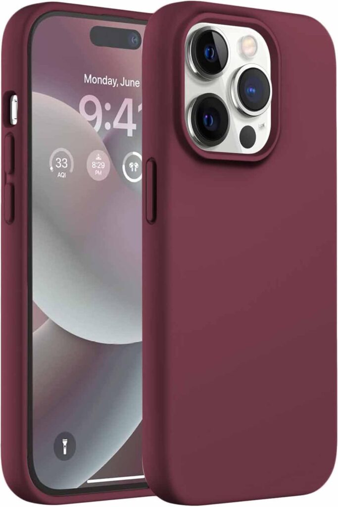 DIZORO Liquid Silicone Compatible for iPhone 14 Pro Max Case Gel Rubber with Microfiber Lining Non-Slip Full Body Protective Shockproof Back Cover (Wine Red, 6.7 inch)