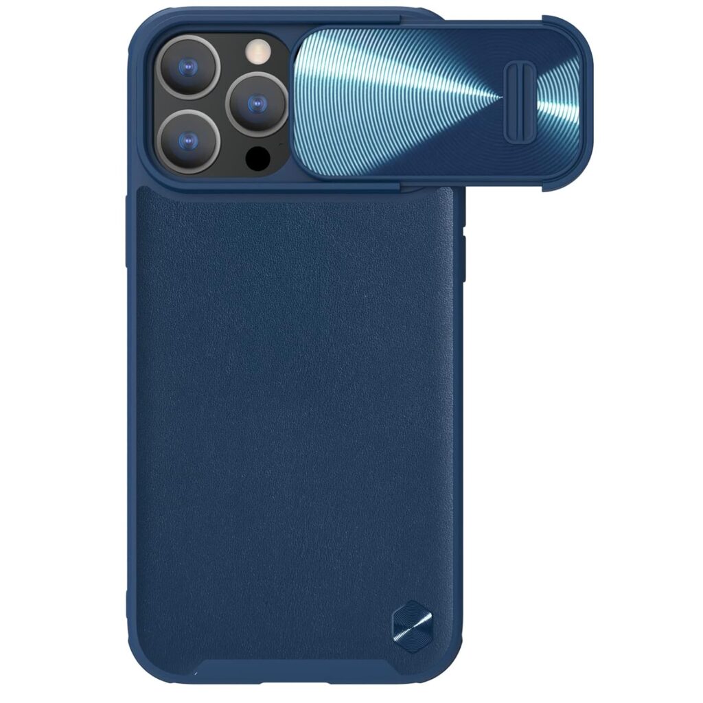 Nillkin Case for Apple iPhone 14 Pro Max (6.7" Inch) CamShield Leather Finish S Type Semi Automatic Spring Metal Camera Slider Wireless Charge Protect Blue