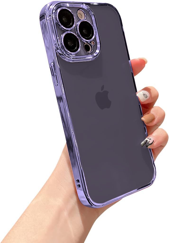 VONZEE® Compatible with iPhone 14 Pro Max Case 6.7 inch, Luxury Electroplated Soft Edge Bumper Case, Full Camera Protection & Reinforced Corners Shockproof Case Cover|Transparent|Purple