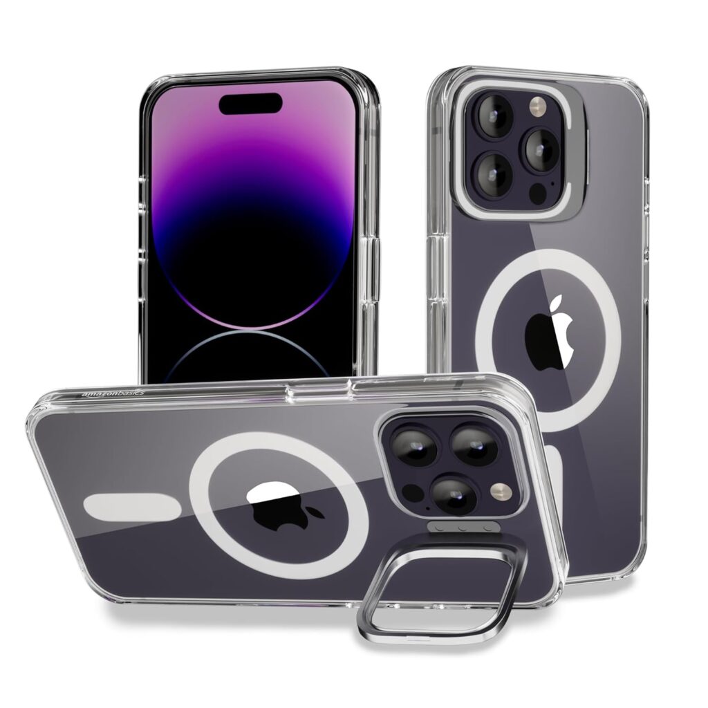 amazon basics iPhone 14 Pro Max Case, Compatible with MagSafe, Adjustable Camera Ring Stand, Scratch Resistant Back, Military-Grade Protection, TPU, Classic Magnetic Back Cover with Kickstand, Clear