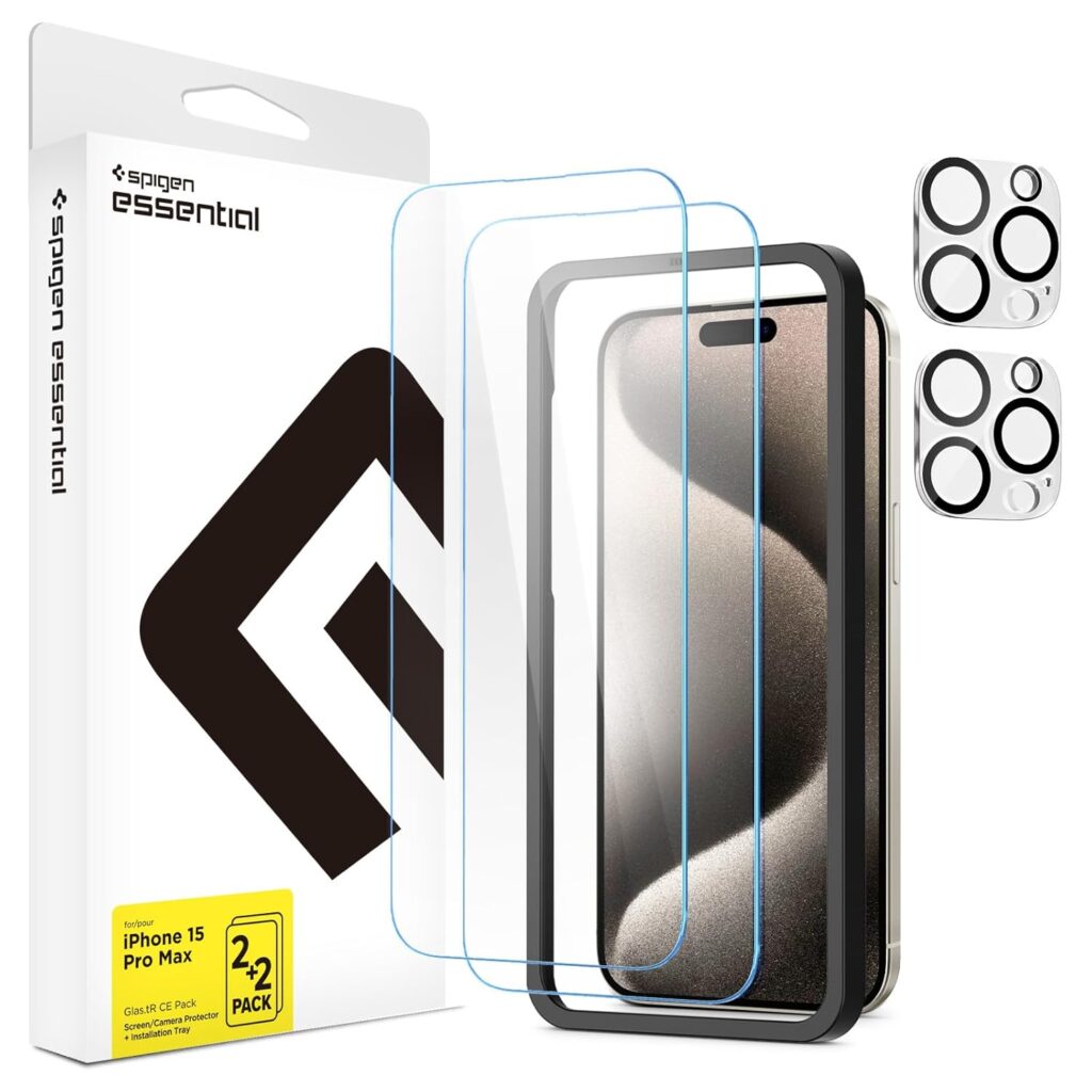 Spigen Essential Glas.tR CE Pack Tempered Glass Screen Guard for iPhone 15 Pro Max [Glass 2 Pack + Camera Lens Protector 2P + Alignment Tool]