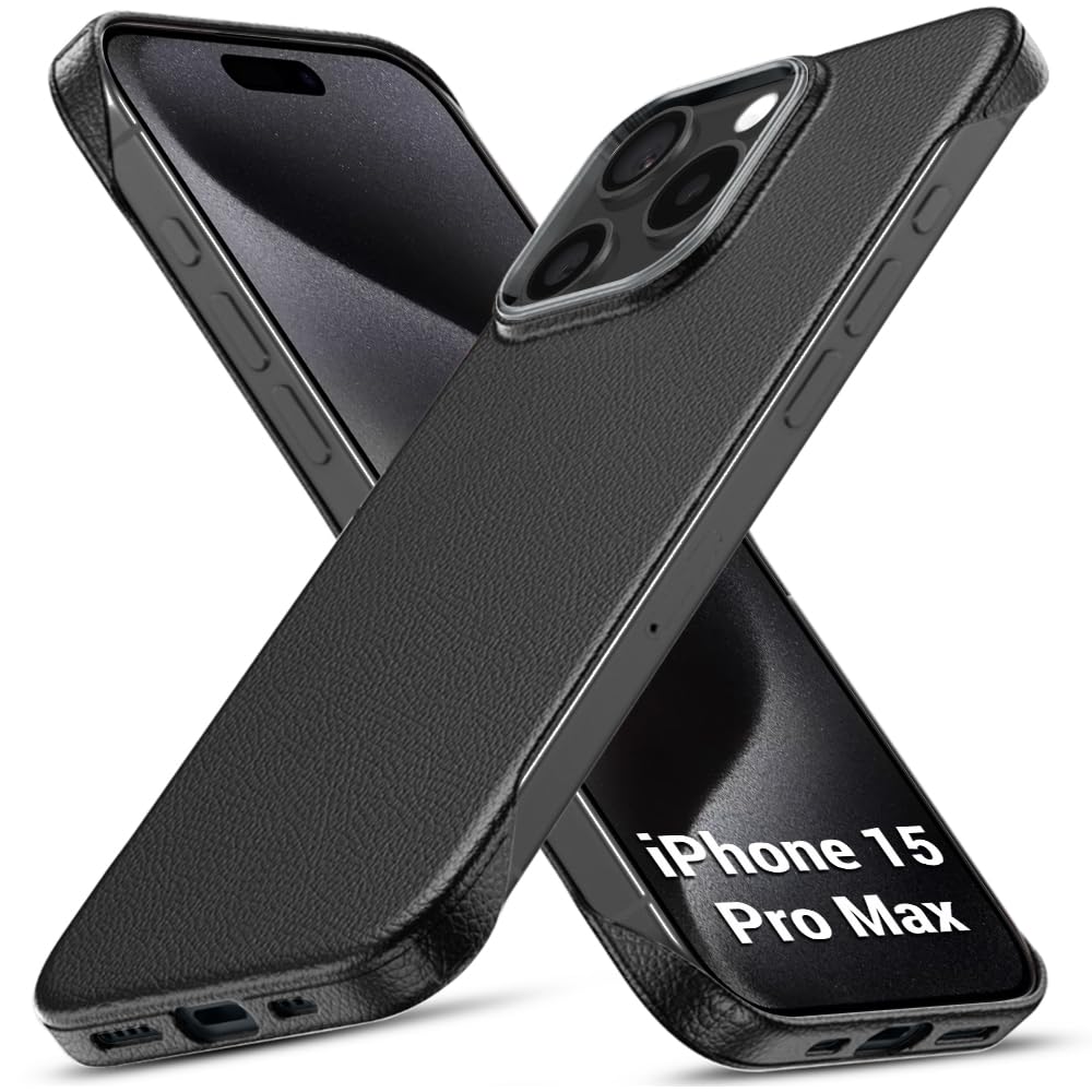 TheGiftKart Hybrid Ultimate Slim Back Case Cover for iPhone 15 Pro Max | Lightweight Profile | Hard Back Case Cover for iPhone 15 Pro Max (PC & TPU, Metal Camera Ring, Leather Texture Finish, Black)