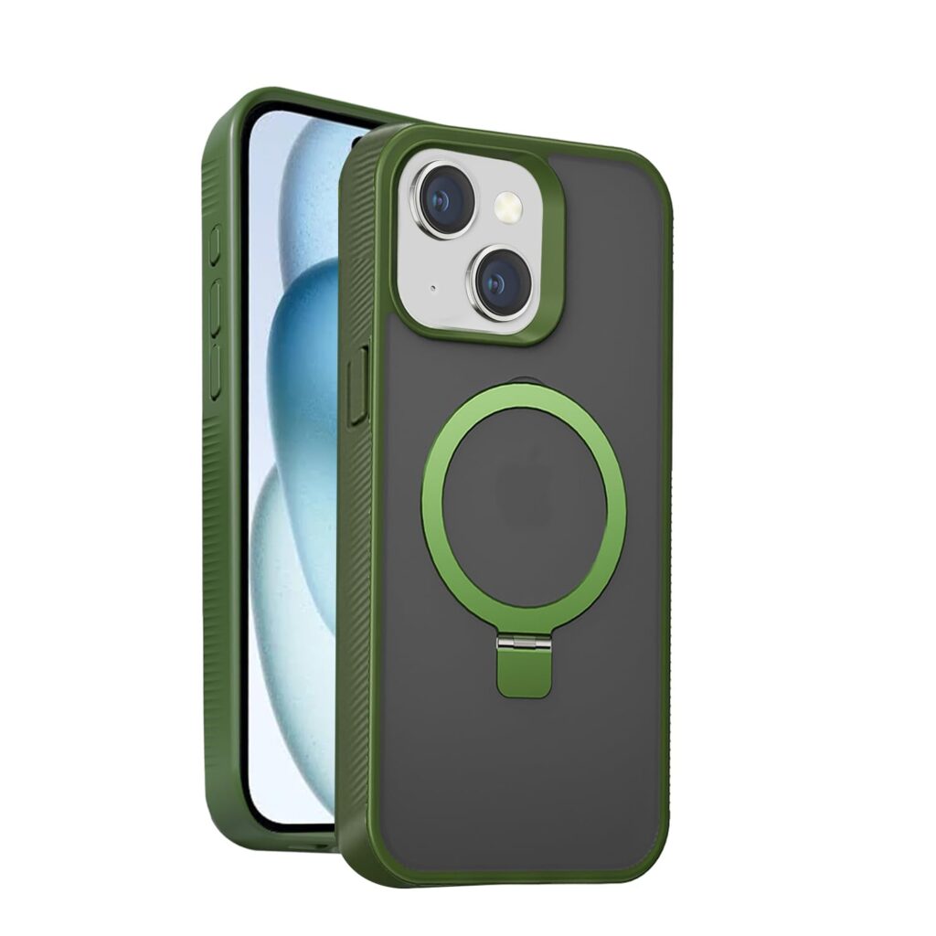 amazon basics Elite Series Frosted Finish Case with Back Stand for iPhone 15 Plus (Frosted Green)