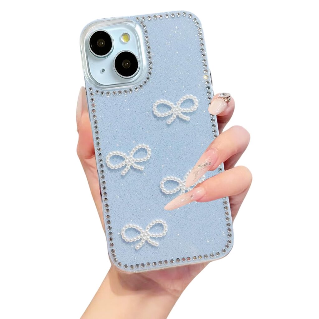 DIZORO Compatible for iPhone 15 Plus Cover 6.7, Luxury Diamond Cute with Bow Glitter Bling Case with Full Camera Protection Shockproof PC+TPU Glossy Shiny Back Cover Case for Girls Women (Sierra Blue)