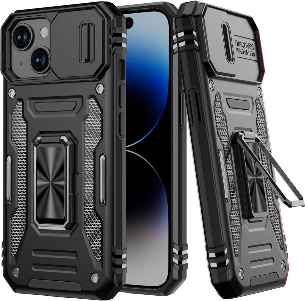 ShieldTech Back Cover Case Compatible for Apple iPhone 15 Plus with Slide Camera Cover & Rotated Ring Kickstand | Military Grade Mobile Phone Cover Case for Apple iPhone 15 Plus (Black)