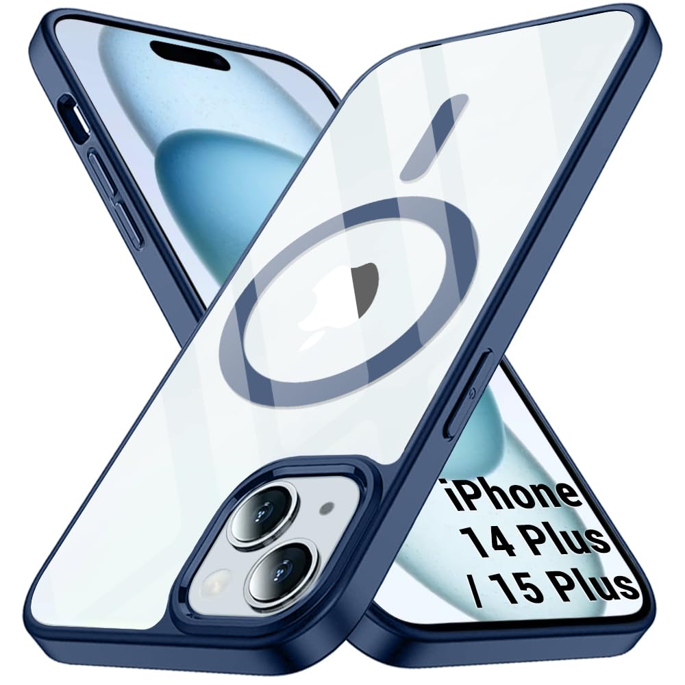 TheGiftKart Hybrid Shockproof Back Cover Case for iPhone 14 Plus / 15 Plus Compatible with MagSafe | Hard Back Cover Case for iPhone 14+ / 15+ (PC & TPU, Transparent Clear Back, Blue Sides)