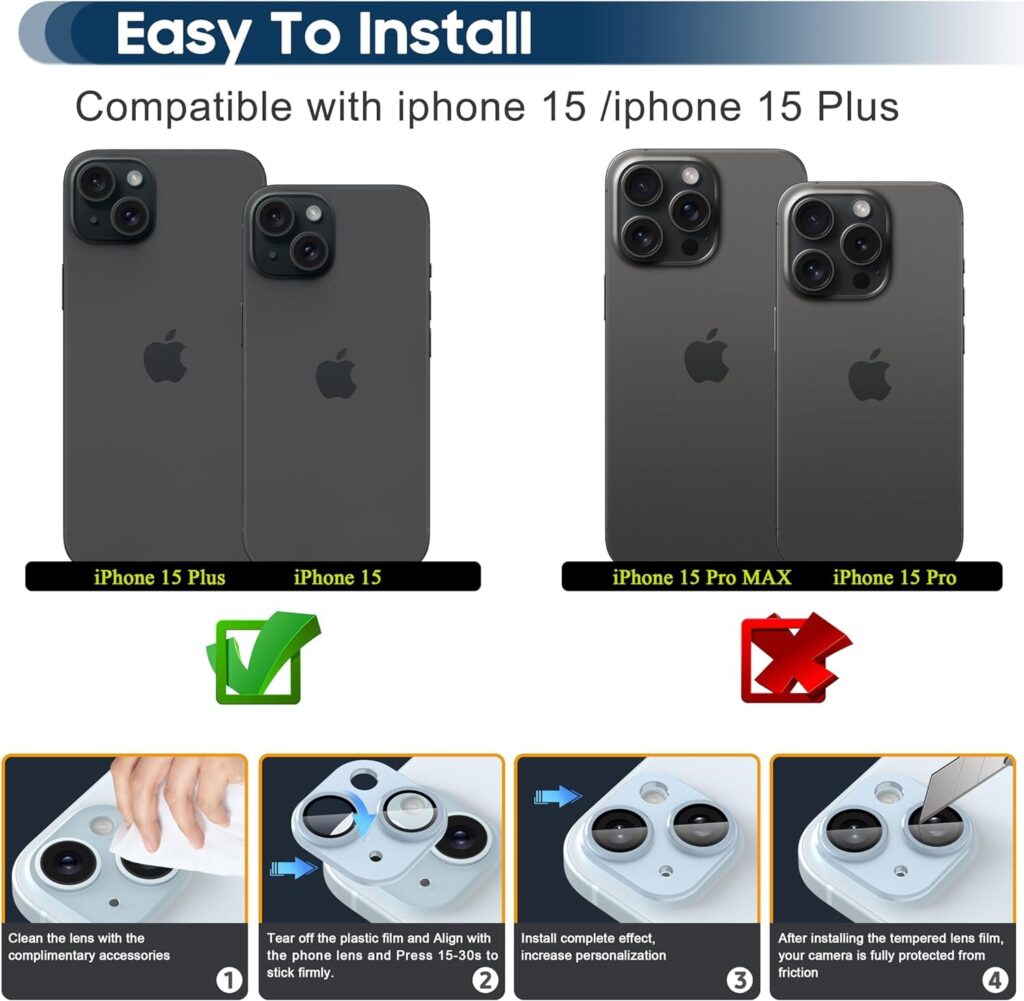 CASENED Camera Lens Protector for iPhone 15 / iPhone 15 Plus - Alloy Metal Cover with Tempered Glass Screen Protector - Case Friendly, Scratch Resistant, Easy Installation (IP 15 Blue)