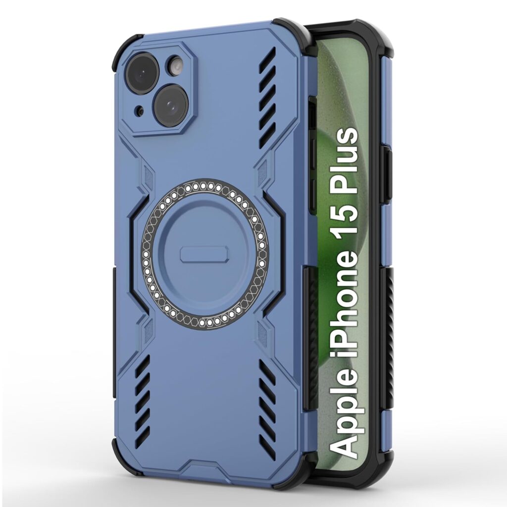 amazon basics Back Case Cover for iPhone 15 Plus | Magnetic Case with Built-in Metal Ring | Supports Mag-Safe Charger, Wallet & Car Mount | Shockproof Hybrid PC + TPU | Blue
