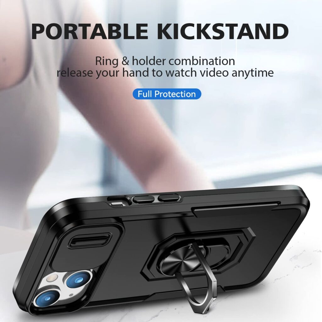 ShieldTech Back Cover Case Compatible for Apple iPhone 15 Plus with Slide Camera Cover & Rotated Ring Stand | Military Grade Mobile Phone Cover Case for Apple iPhone 15 Plus (Black)