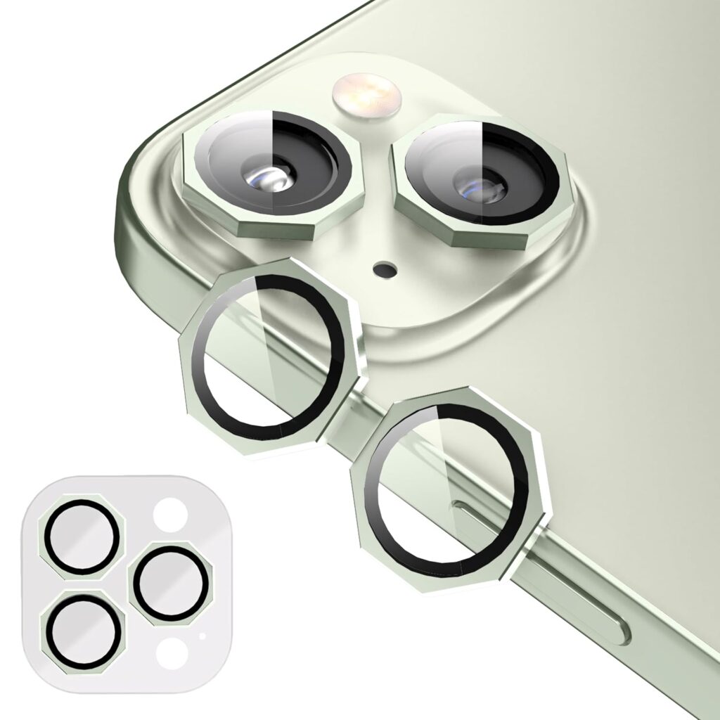 GadgetBite Snaptra Octagon Lens Protector Compatible With iPhone 15 & iPhone 15 Plus – 9H Tempered Glass Camera Cover with Metal Ring, Scratch-Resistant,Camera Lens Protection - Green