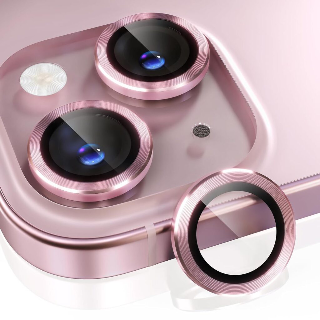 MAHIX (BUY 1 GET 1 FREE Camera Lens Protector For IPHONE 15/15 PLUS (PINK) Aluminium Alloy Ring Camera Protector, UHD 9H Camera Lens.