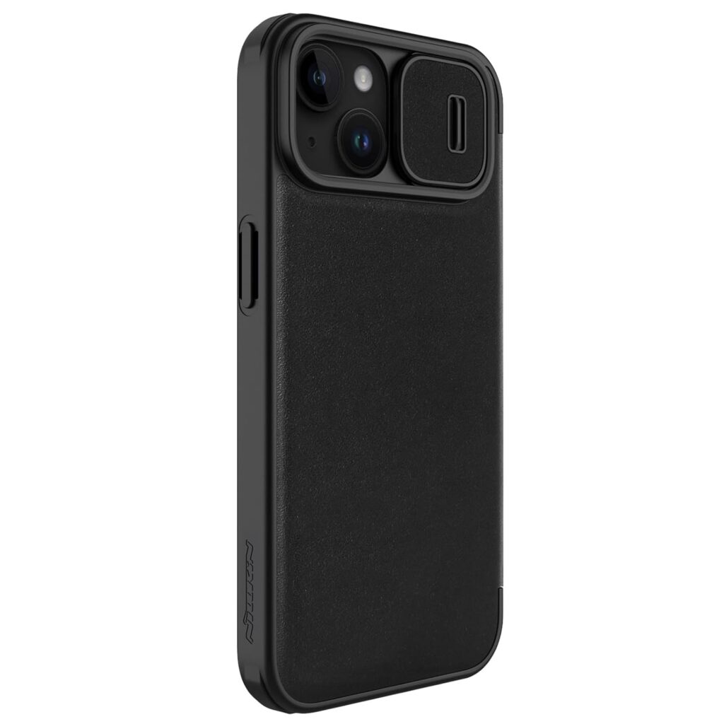 Nillkin Case for Apple iPhone 15 Plus (6.7" Inch) Qin Pro Plain Leather Camshield Camera Slider Flip Folio + Card Slot Black
