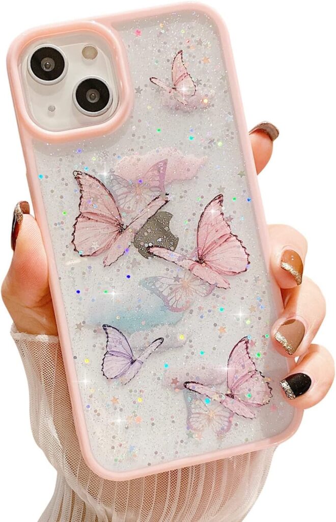 VONZEE for iPhone 15 Plus Clear Glitter Butterfly Case, Cute Bling Sparkle Shiny Soft TPU Bumper Shockproof Women Girls Slim Protective Phone Cover for iPhone 15 Plus 6.7",Pink