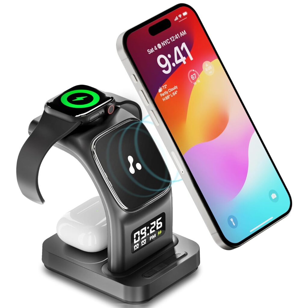 Ambrane 22.5W Magnetic Magsafe 3In1 Wireless Charger for 16/16 +/16 Pro/16 Pro Max, iPhone 15/15 Plus/15 Pro/15 Pro Max, 14/13/12, Airpods 3rd/2nd gen, Series 9/8/7/6/5/4/SE (Aerosync Trio -Black)