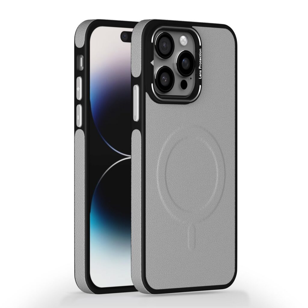 Amazon basics Back Cover for iPhone 14 pro max| 360 Protection Case| Pu Leather with Metal Frame Lens Protection Bumper Case(Grey)