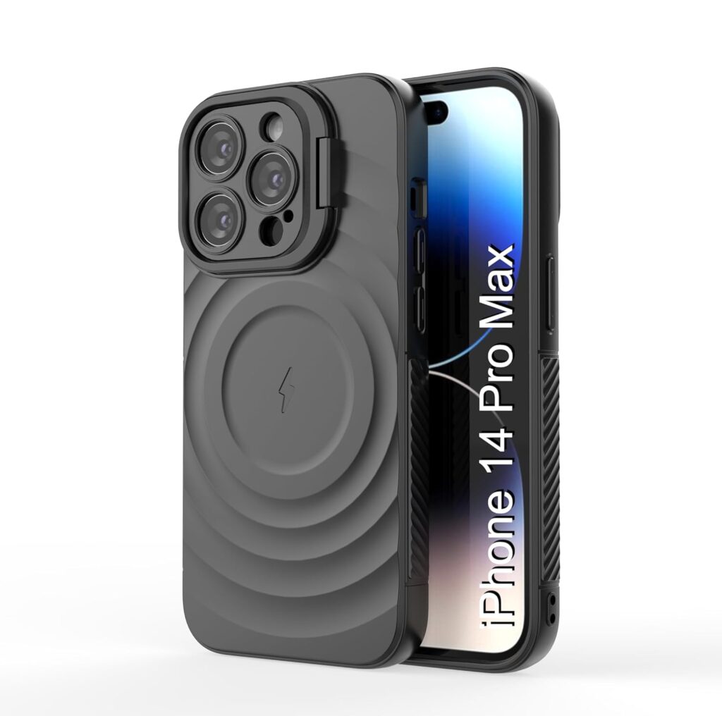 LuxuryKase Shockproof Case for iPhone 14 Pro Max with Ripple Pattern | Camera Protection | Inner Velvet Fabric Lining | Protective Cover with Enhanced Grip & Wireless Charging Support – Black