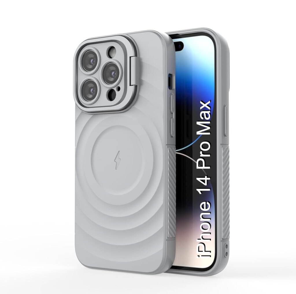 LuxuryKase Shockproof Case for iPhone 14 Pro Max with Ripple Pattern | Camera Protection | Inner Velvet Fabric Lining | Protective Cover with Enhanced Grip & Wireless Charging Support – Grey