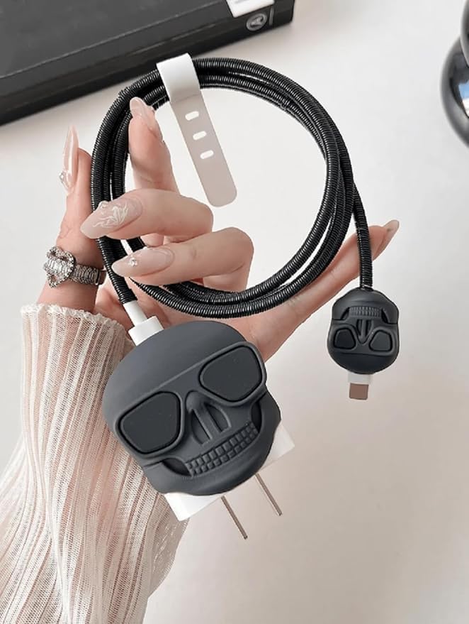 VNJ ACCESSORIES Protective Charger Case for iPhone 18W 20W iPhone 16 15 14 13 12 11 Pro Max Charging Cable Charger Protective Cover Data Cable Protective Sleeve-Skull Multicolor