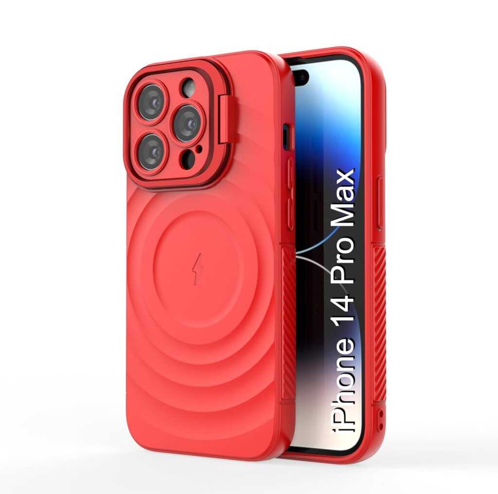 LuxuryKase Shockproof Case for iPhone 14 Pro Max with Ripple Pattern | Camera Protection | Inner Velvet Fabric Lining | Protective Cover with Enhanced Grip & Wireless Charging Support – Red