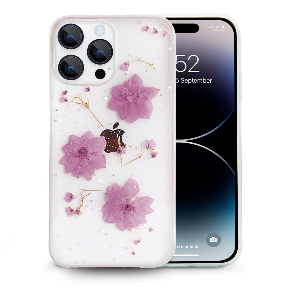 SQUIF Soft Back Case for iPhone 14 Pro Max Cover for Girls with Clear Silicone Pressed Real Dry Flowers Clear Glitter (Purple)