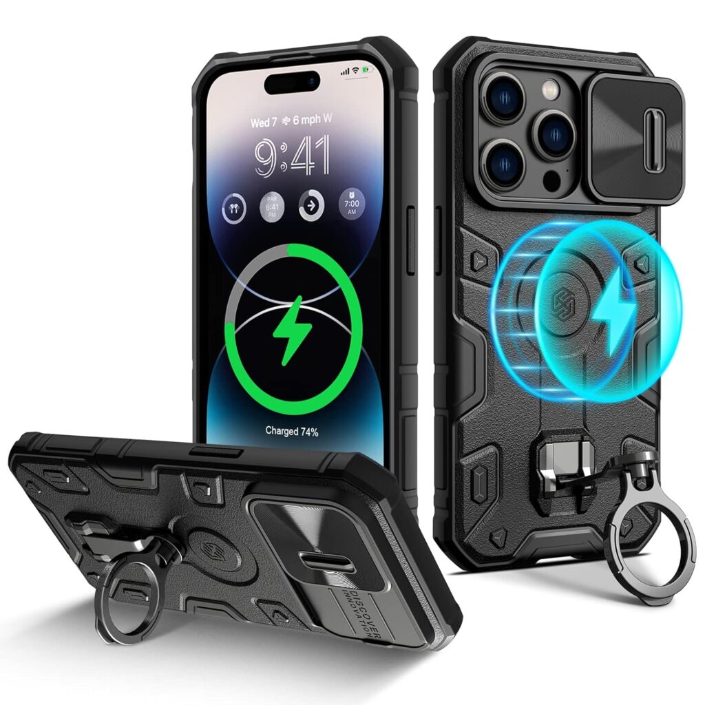 Nillkin Case for Apple iPhone 14 Pro (6.1" Inch) CamShield Armor Pro Camera Slider Magnetic Works with Magsafe Military 180° Rotate Ring Kick Stand Wireless Charging + PC Black