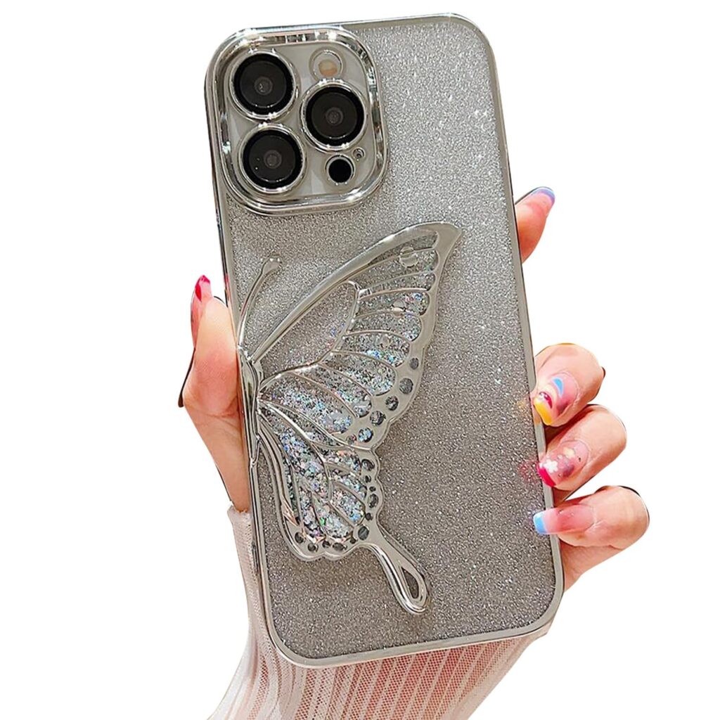 CINCH Silicone Designed For iPhone 14 Pro Max Cover With Glitter Cute Butterfly Electroplating Design Back Cover Case For Women Teen Girls (Silver)