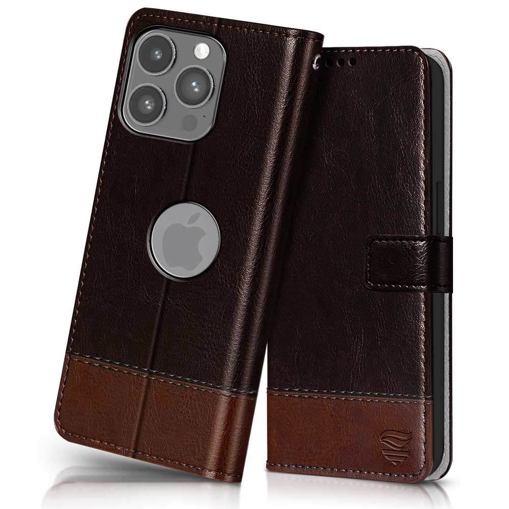 FLIPPED Vegan Leather Flip Case Back Cover for Apple iPhone 14 Pro Max (Flexible, Shock Proof | Hand Stitched Leather Finish | Card Pockets Wallet & Stand | Coffee with Brown)