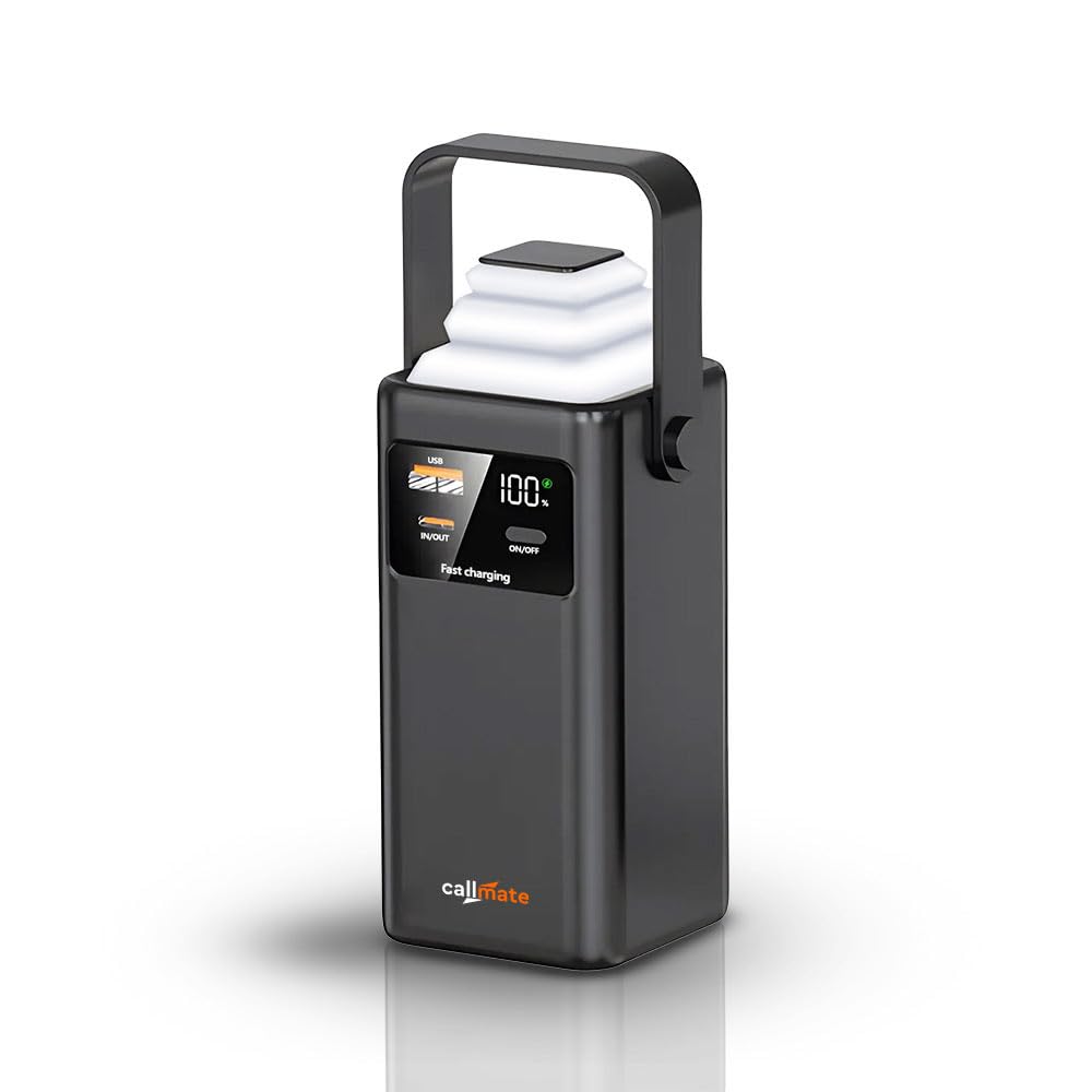 CALLMATE 20000mAh 23W Fast Charging Power Bank,USB-C PD + USB-A QC Output with Detachable Type-C & Lightn-ing Cable(LED Foldable Light with Digital Display) (Black)