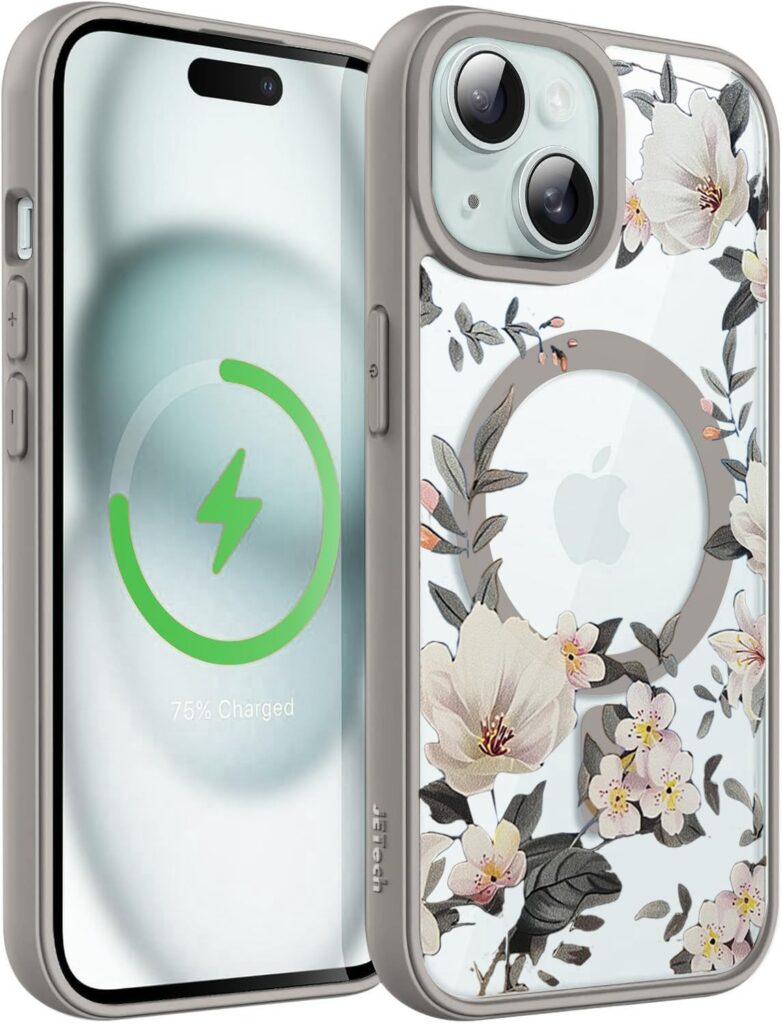 VONZEE Compatible with iPhone 15 Plus Case Luxury Retro Flowers Floral Clear for Magnetic Wireless Charging Case Shockproof Case PC+TPU Cute Glossy Shiny Cover for Girls Women, 6.7'' Grey