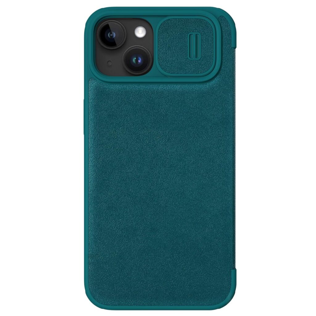 Nillkin Case for Apple iPhone 15 Plus (6.7" Inch) Qin Pro Plain Leather Camshield Camera Slider Flip Folio + Card Slot Green Color