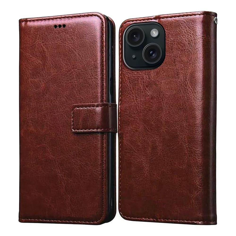 Casotec Flip Cover Back Case for Apple iPhone 15 Plus | Premium Leather Finish | Inbuilt Pockets & Stand | Flip Cover Back Case for Apple iPhone 15 Plus (Brown)