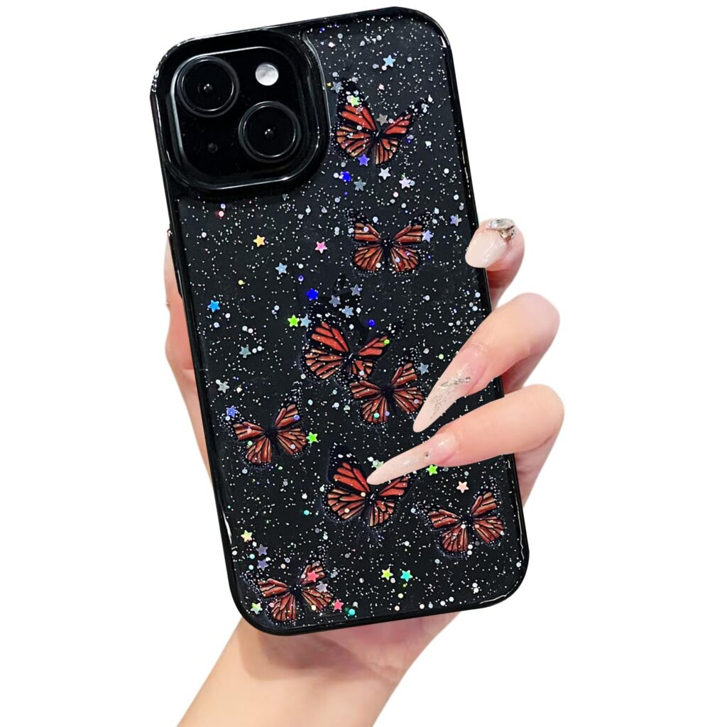 VONZEE for iPhone 15 Plus Clear Glitter Butterfly Case, Cute Bling Sparkle Shiny Soft TPU Bumper Shockproof Women Girls Slim Protective Phone Cover for iPhone 15 Plus 6.7",Black