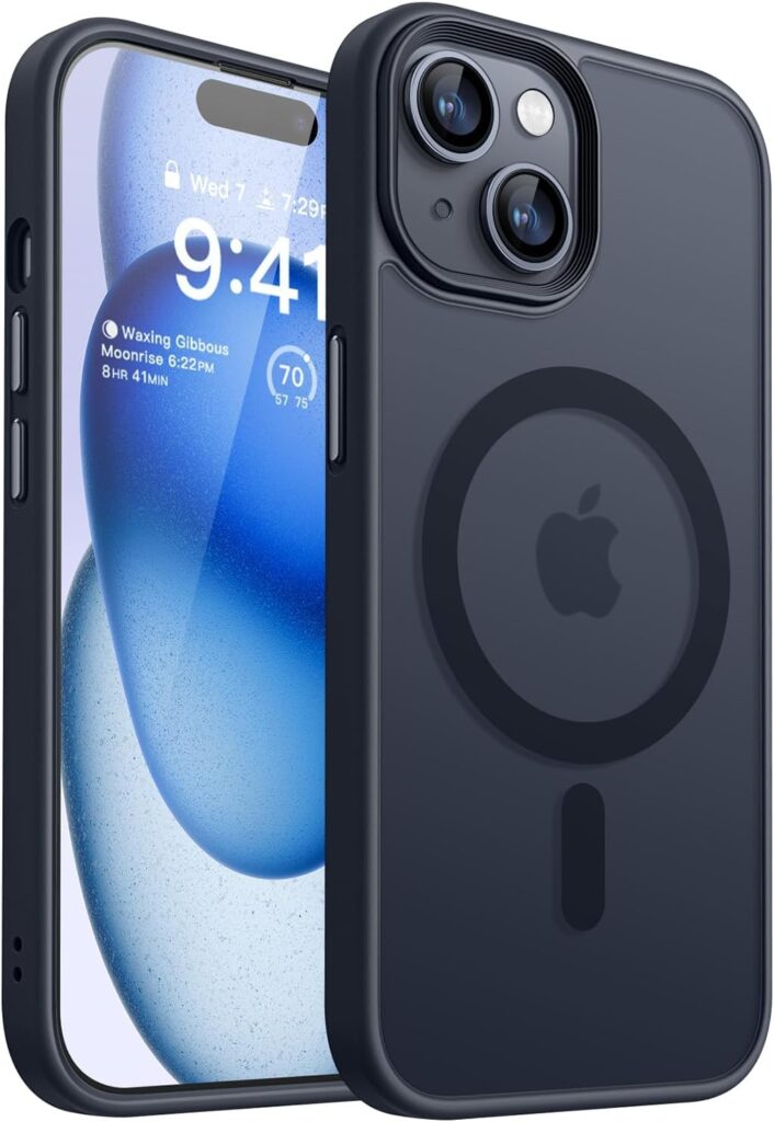 Elzzi Magnetic Cover for iPhone 15 Plus Case [MIL-Grade Drop Tested & Compatible with MagSafe] Translucent Matte TPU + Hard PC Back Cover, Anti-Scratch Shockproof Phone Case (6.7 Inch, Black)