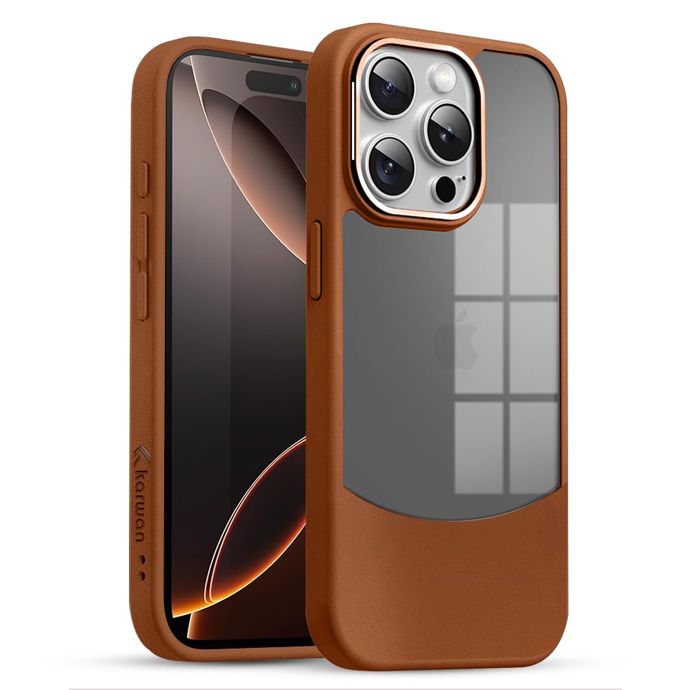 KARWAN®️Fusion Edge Leather Transparent Mobile Back Case | Slim Fit | Anti-Fingerprint| Scratch-Resistant | Premium Grip | Shockproof case | Back Cover for iPhone 14 Pro Max || Brown