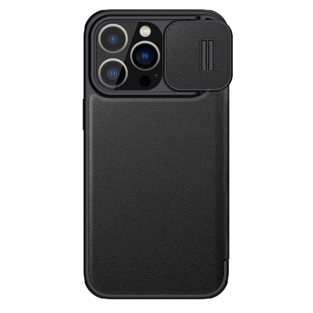 Nillkin Case for Apple iPhone 14 Pro Max (6.7" Inch) Qin Pro Plain Leather Camshield Camera Slider Flip Folio + Card Slot Black Color