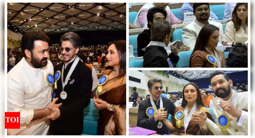 Shah Rukh Khan proudly shows off his National Film Award medal; poses with fellow awardees Mohanlal and Rani Mukerji |
